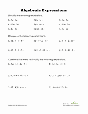 Algebra Equivalent Expressions Worksheet