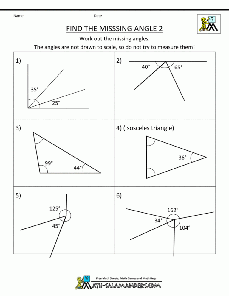 Find The Missing Angle Worksheet 5th Grade