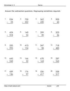 Math Subtraction Worksheets Grade 3