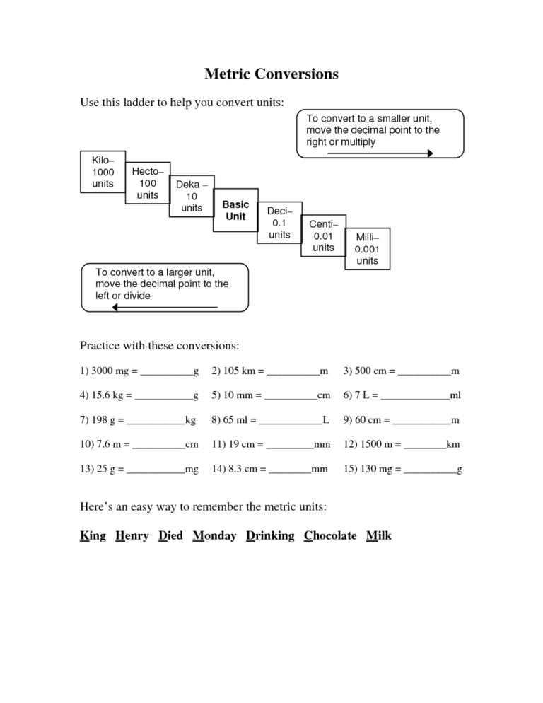 Metric Conversion Worksheet 1 Answer Sheet