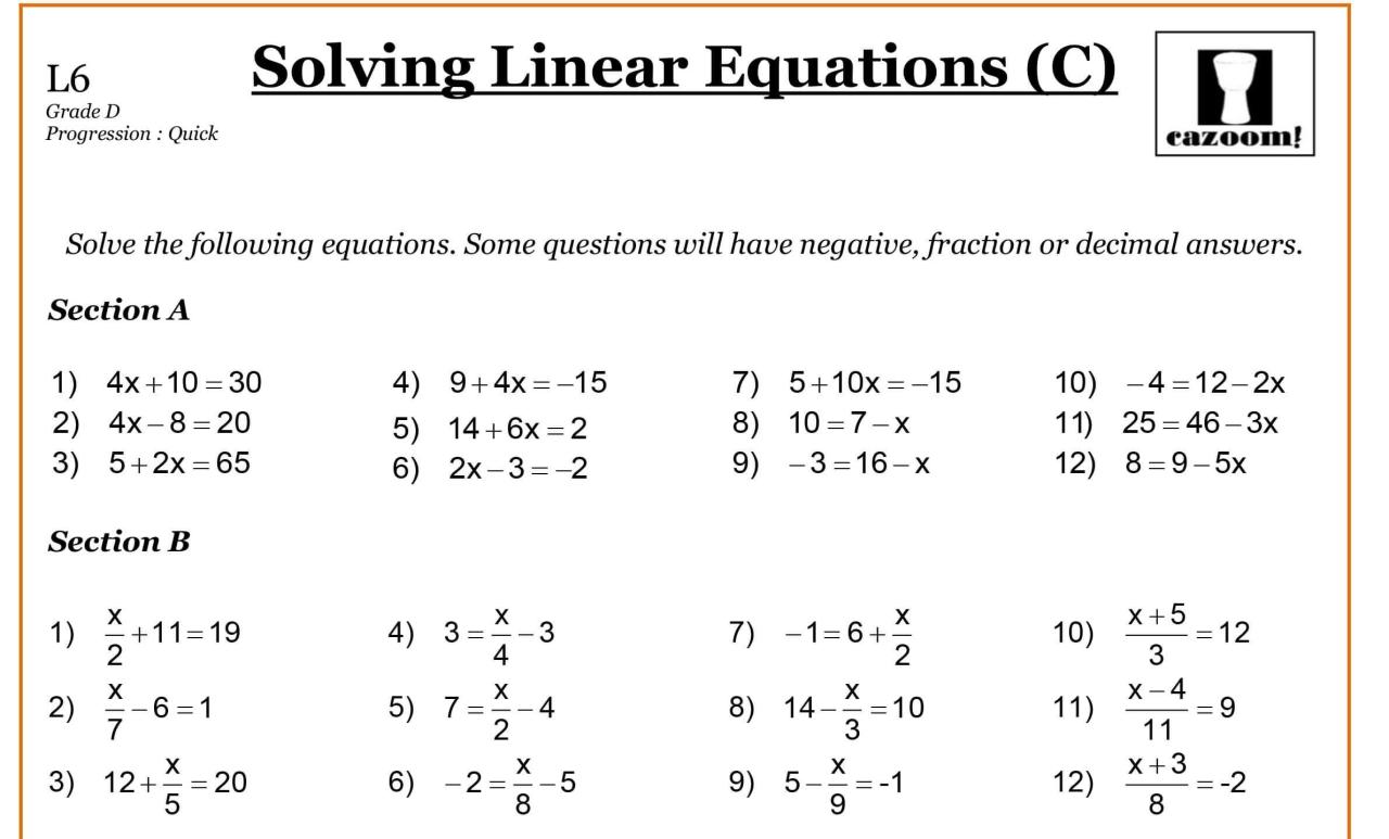 Printable Beginning Algebra Worksheets