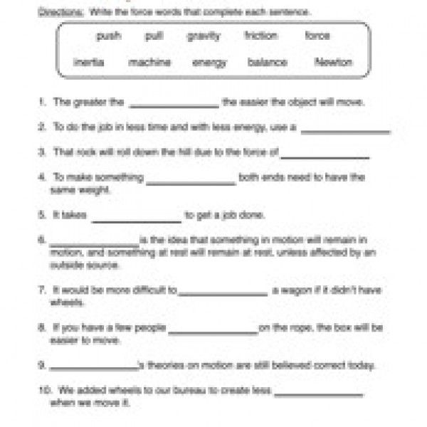 Science Worksheets For Grade 3 Force And Motion