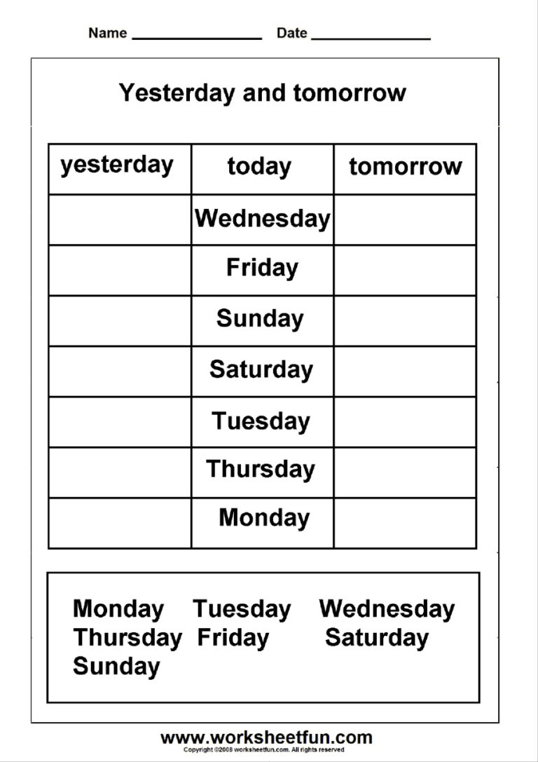 Days Of The Week Worksheets Free
