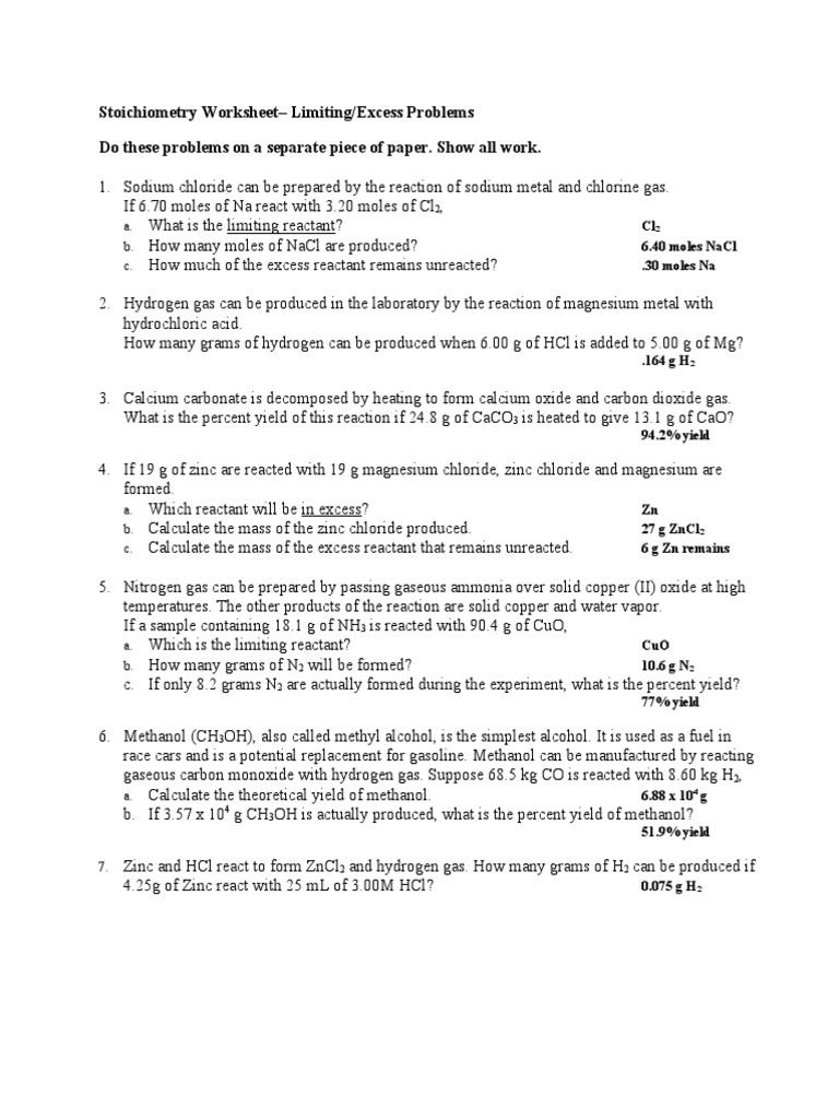 Limiting And Excess Reactants Worksheet Pdf