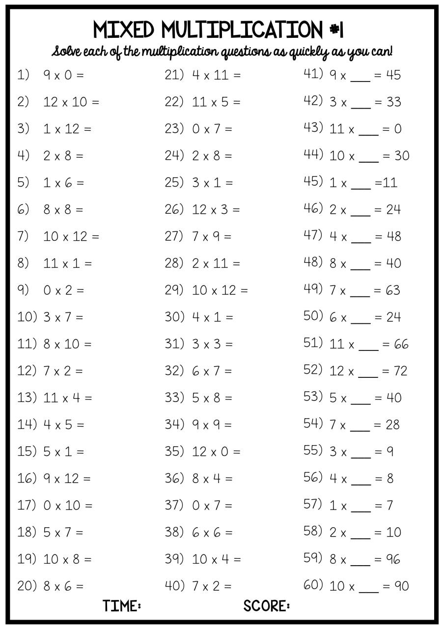 5th Grade Year 5 Times Tables Worksheets