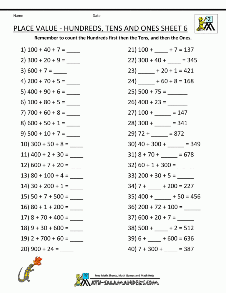 Hundreds Tens And Ones Worksheets For Grade 1