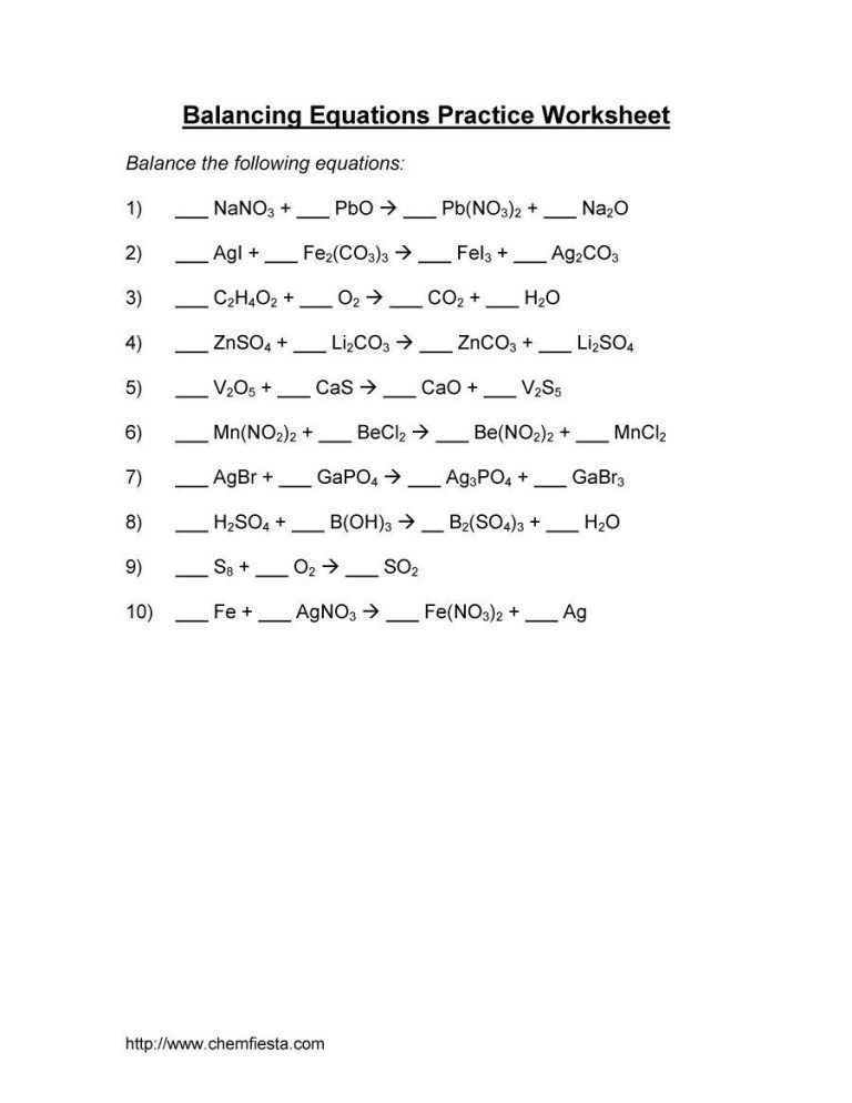 Chemistry Balancing Equations Worksheet Pdf