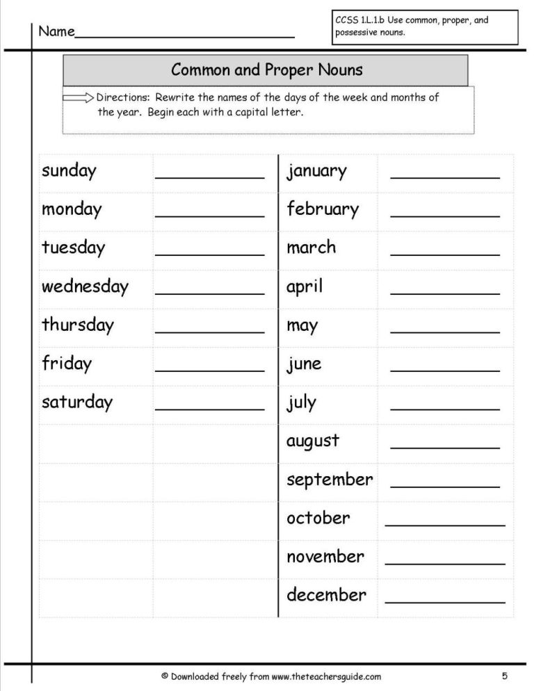 First Grade Common And Proper Nouns Worksheets With Answers