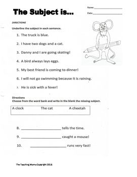 Subject And Predicate Worksheets 1st Grade