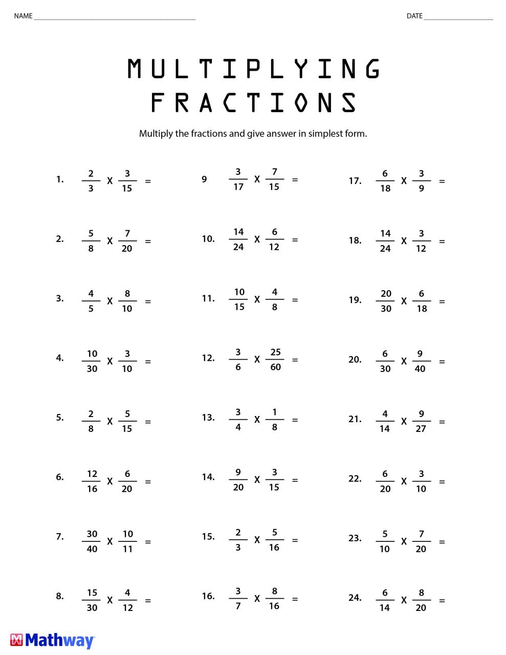 Free Printable Multiplying Fractions Worksheets