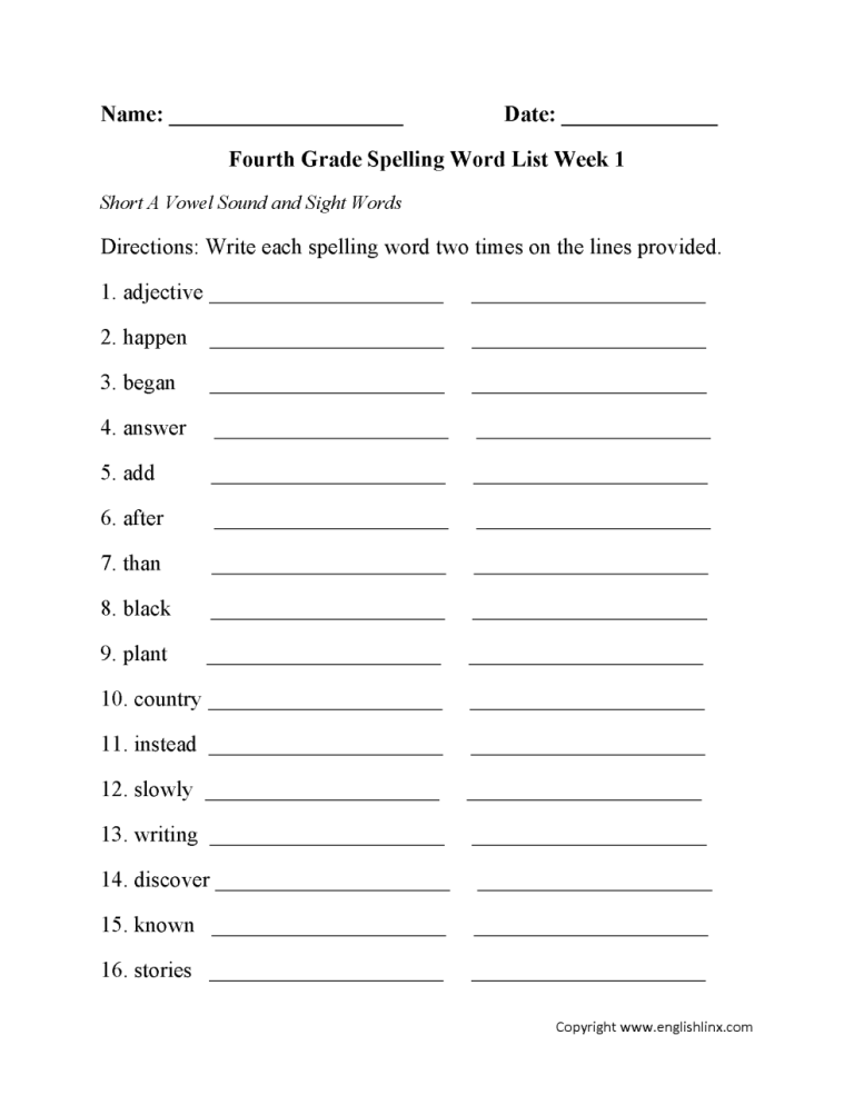 Spellings Worksheets For Grade 1 Students