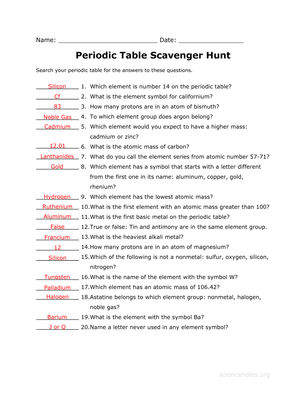 Periodic Trends Practice Worksheet Answer Key