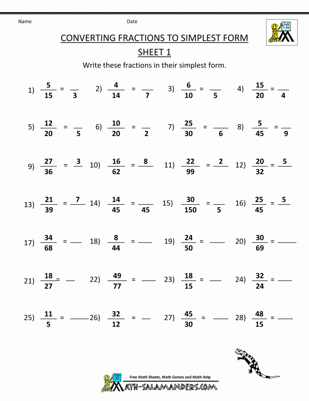 Simplifying Fractions Worksheet Pdf 4th Grade