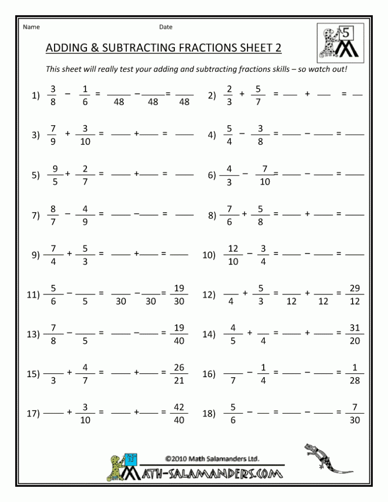 Adding Fractions With Unlike Denominators Worksheets With Answers