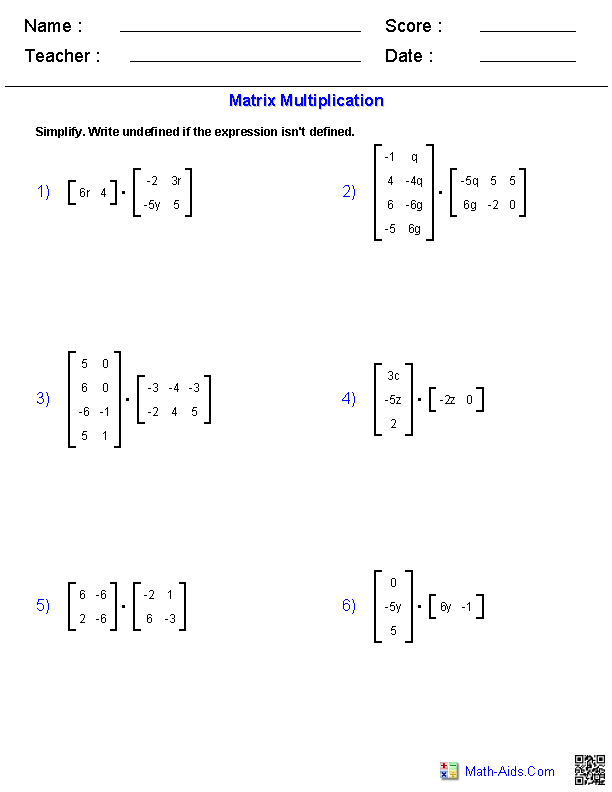 Matrix Multiplication Matrices Problems Worksheet