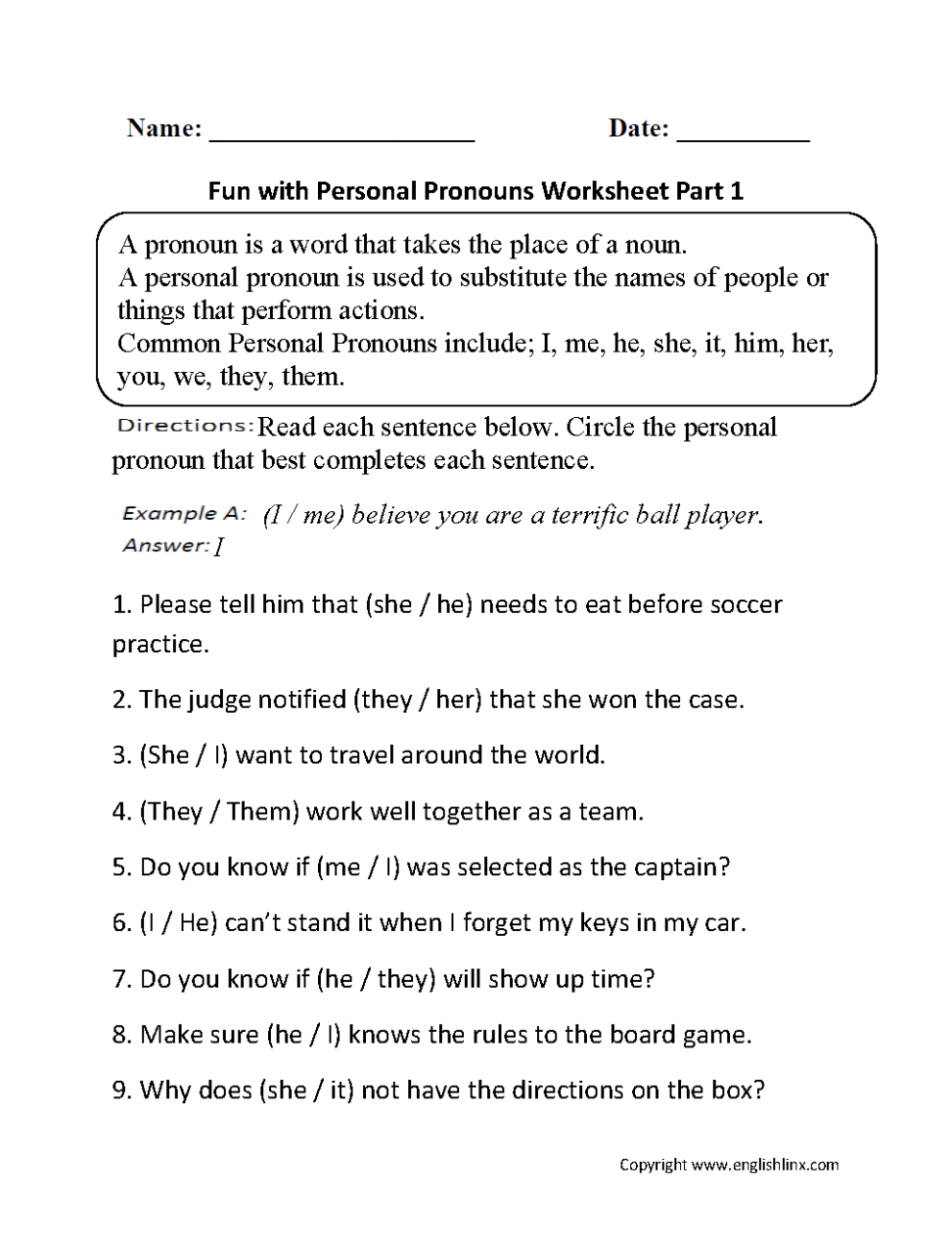 Grade 4 Pronouns Worksheet With Answers