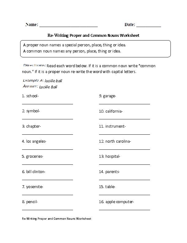 First Grade Common And Proper Nouns Worksheets For Grade 1