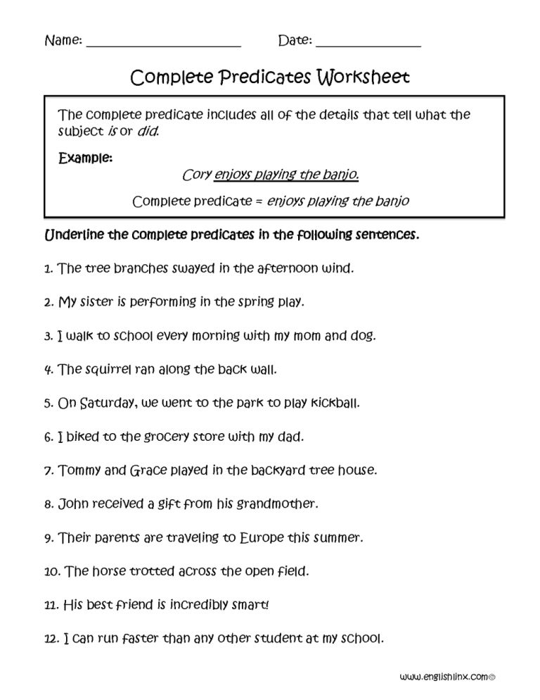 Subject And Predicate Worksheet With Answers Pdf