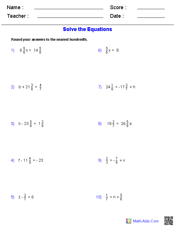 6th Grade One Step Equations With Fractions Worksheet