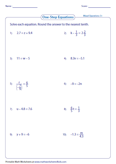 One And Two Step Equations Worksheet Answers
