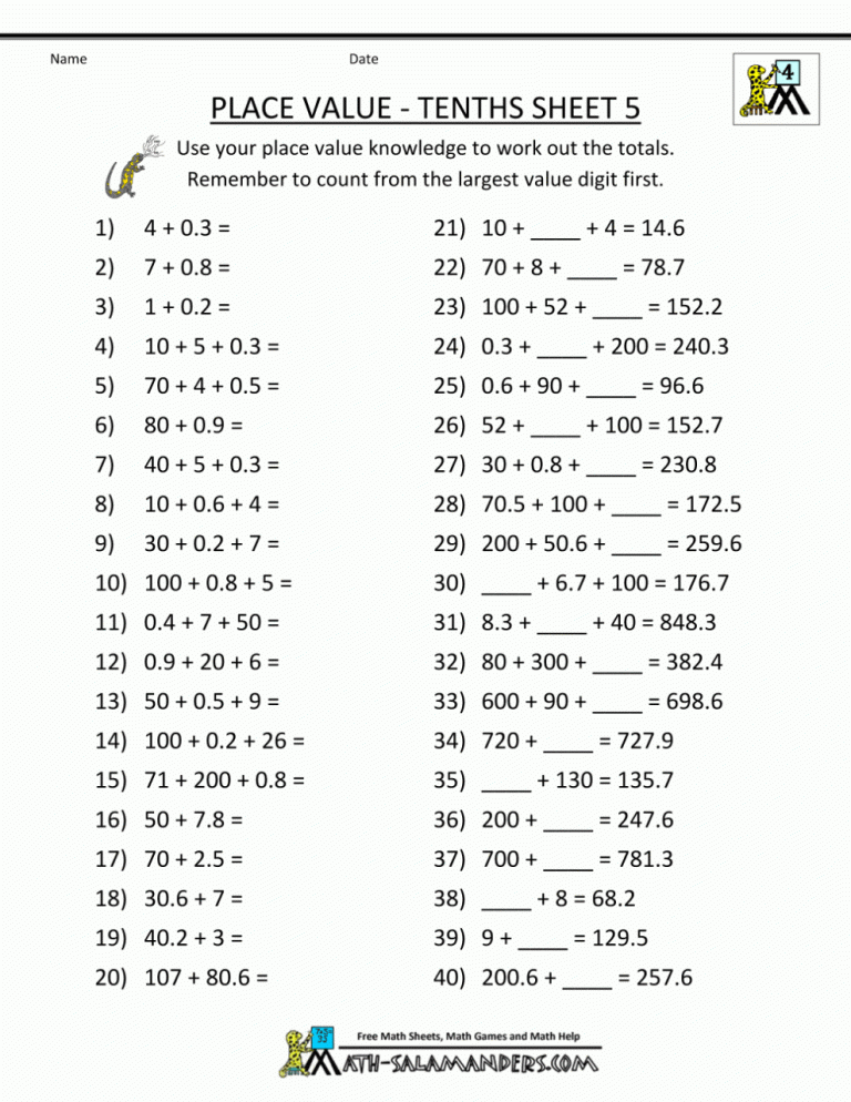 Place Value Worksheets 4th Grade Printable