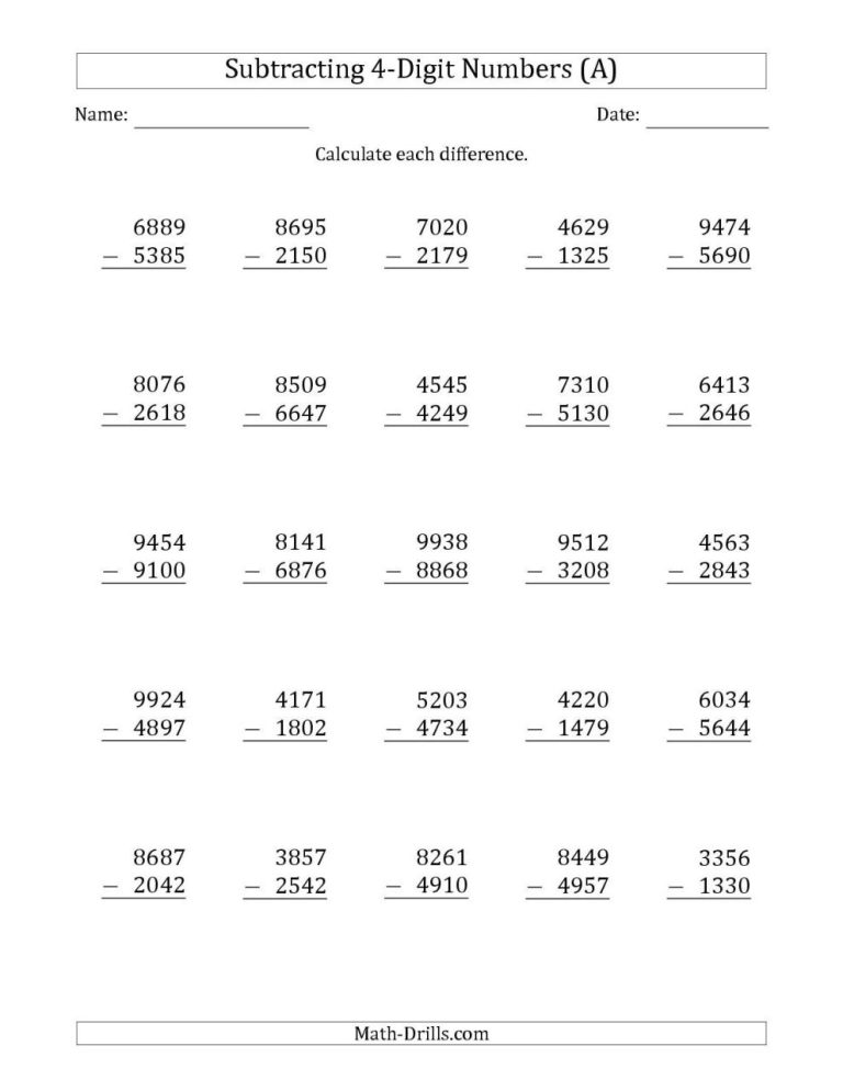 Subtraction Worksheets For Grade 4 With Borrowing