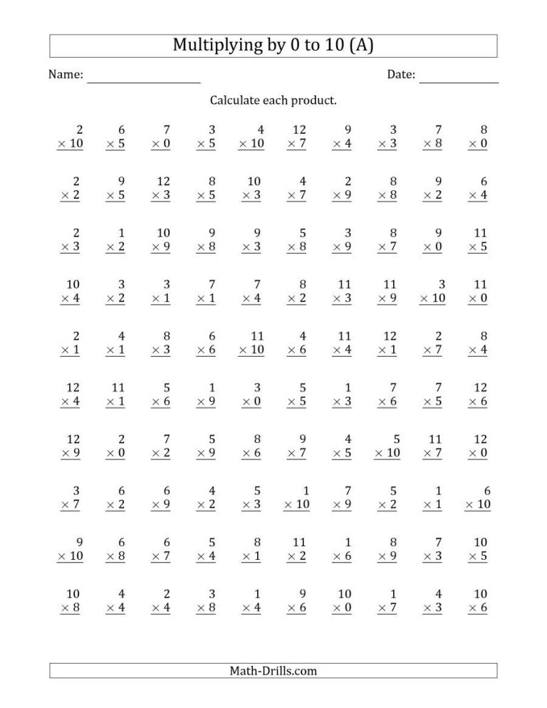 Math Drills Multiplication By 7