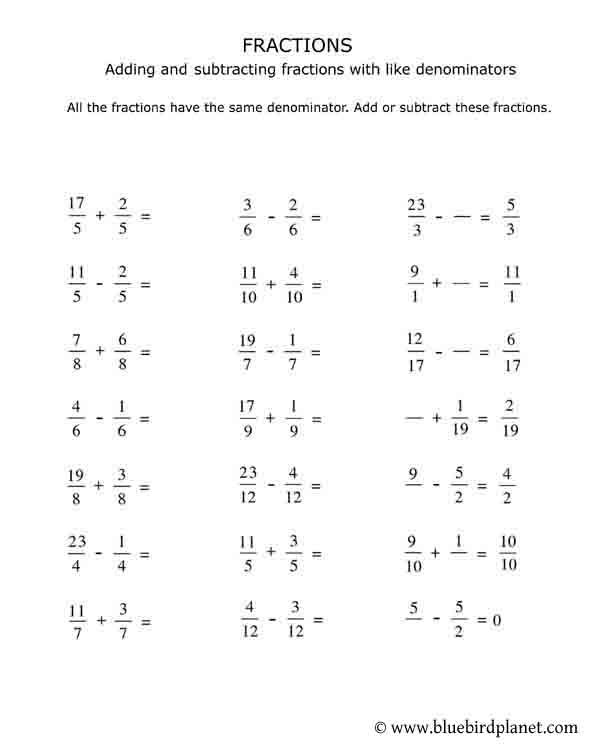 Printable Fractions Worksheets Grade 5