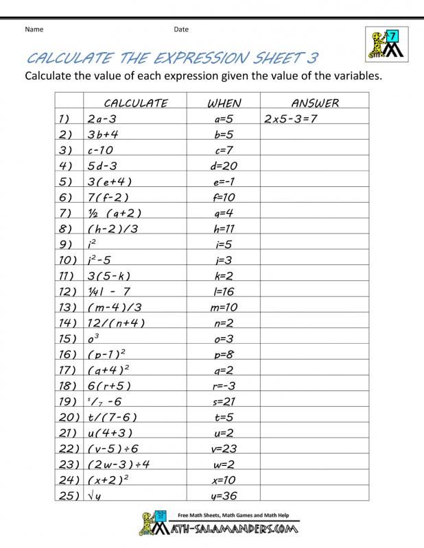 7th Grade Algebra Worksheets Grade 7 With Answers