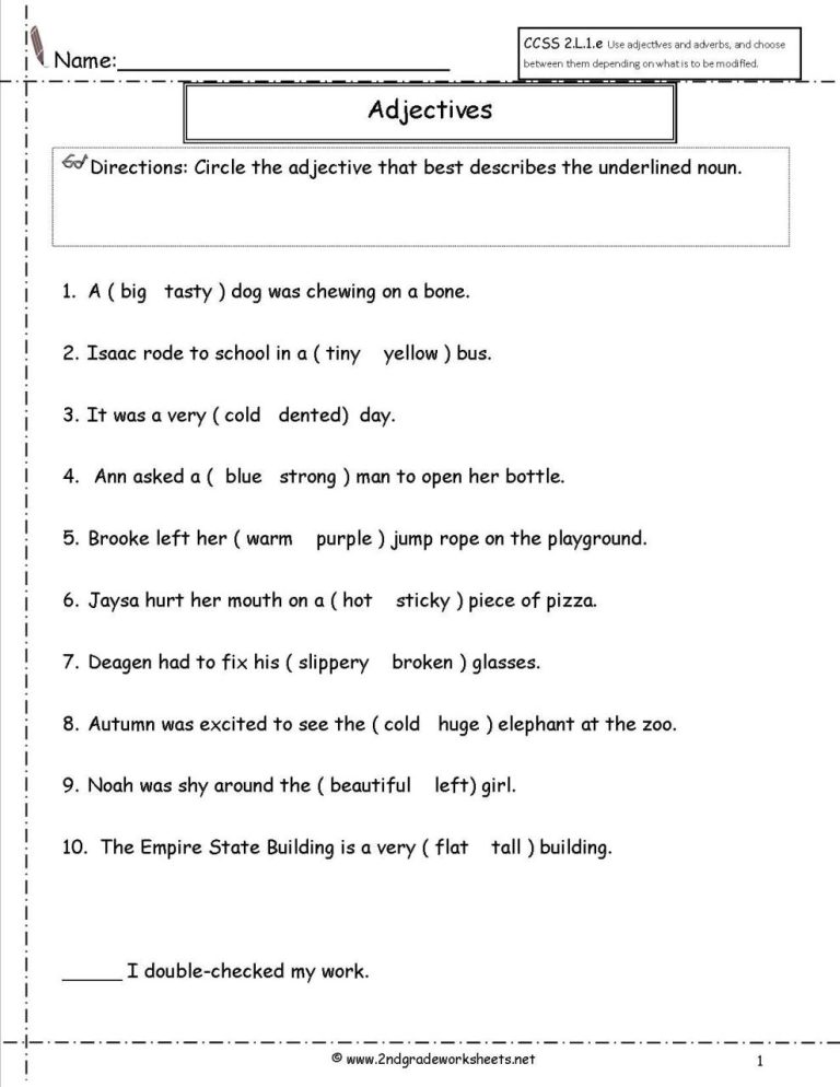 Adjectives Worksheets With Answers Pdf