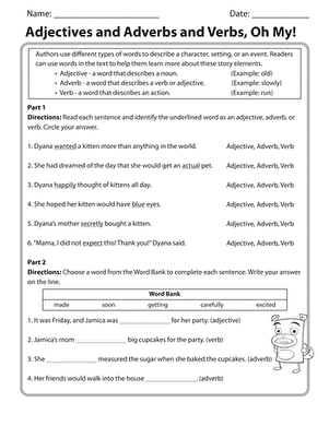Noun Verb Adjective Adverb Worksheet With Answers