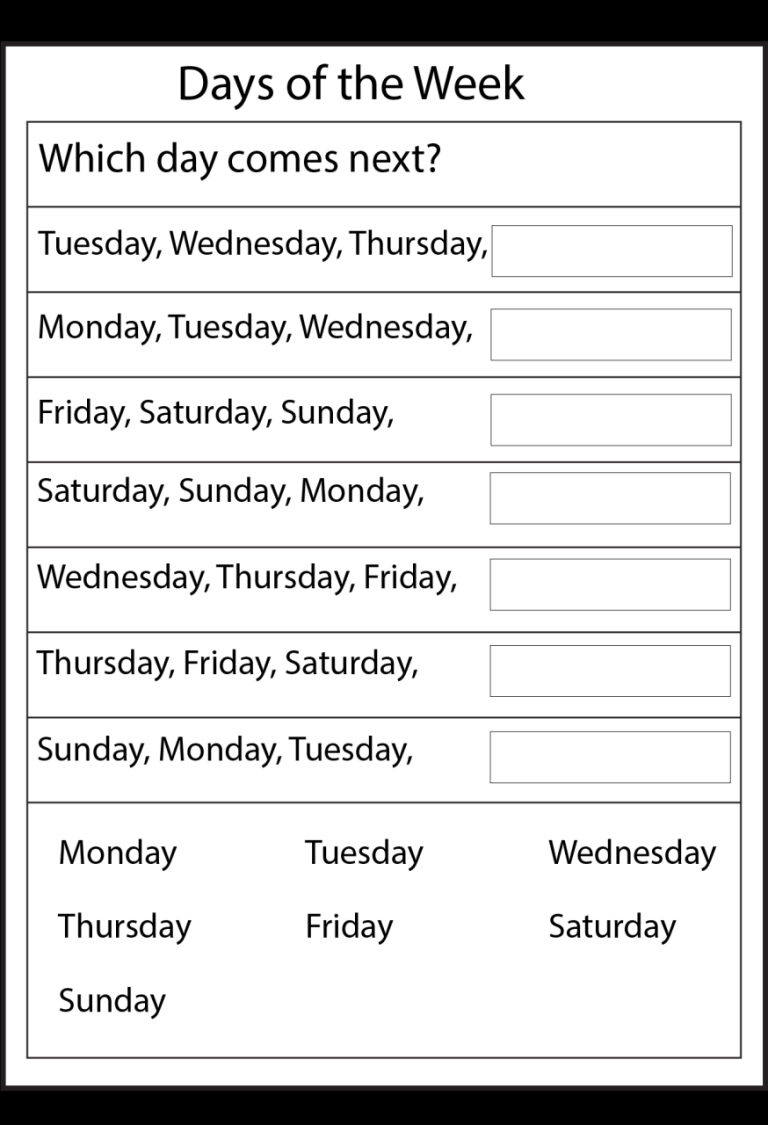 Printable Days Of The Week Worksheets For Kindergarten