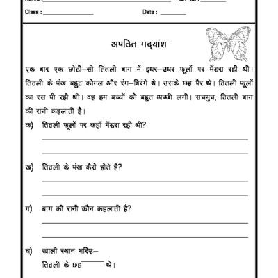Class 2nd Hindi Comprehension For Class 2