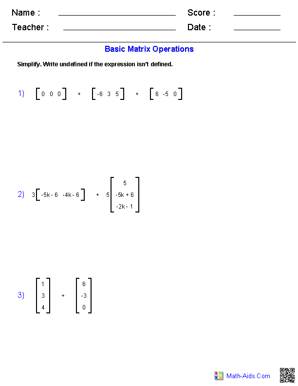 Matrix Multiplication Worksheet Answers