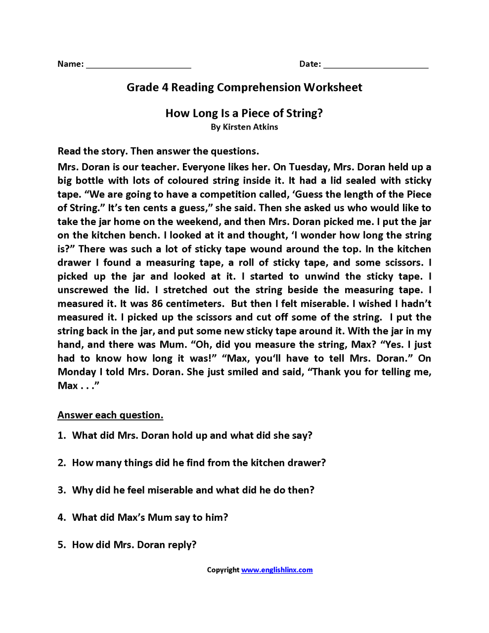 English Worksheets For Grade 5 Comprehension