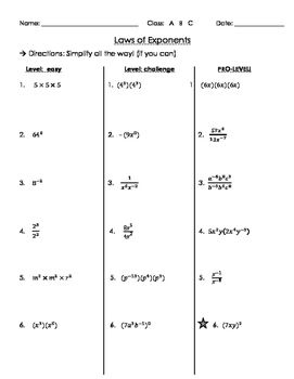 Simplifying Exponents Worksheet With Answers