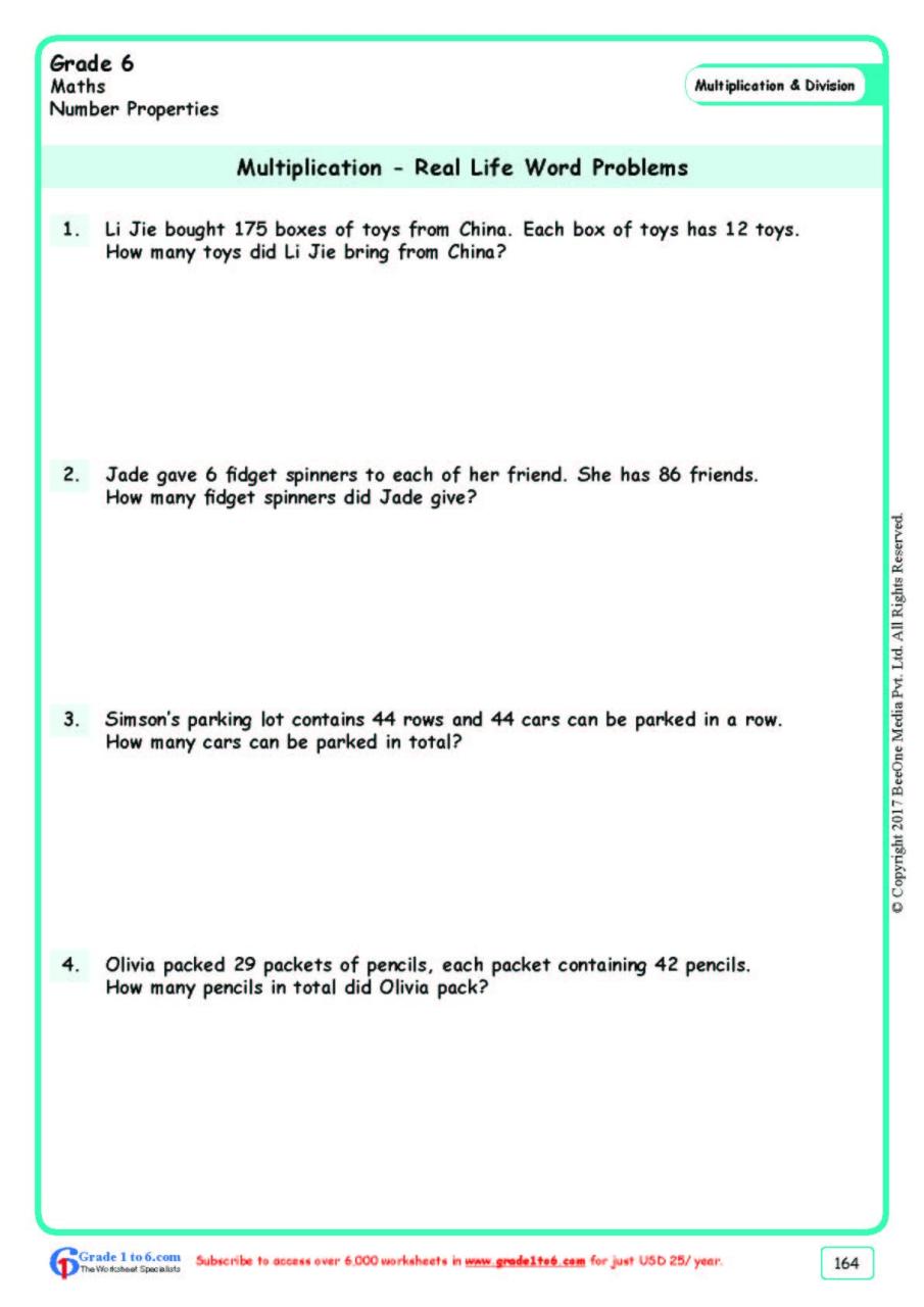 Multiplication And Division Word Problems Grade 6