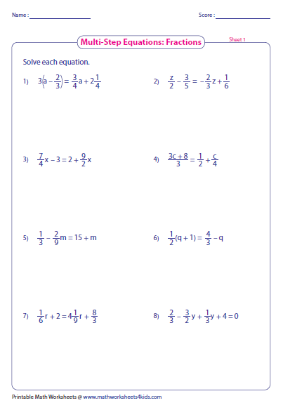 7th Grade One And Two Step Equations Worksheet