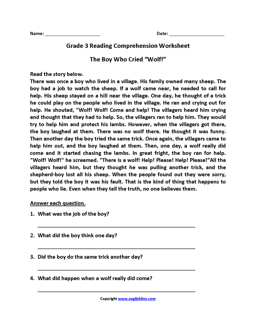 Grade 3 Reading Comprehension 3rd Grade Worksheets