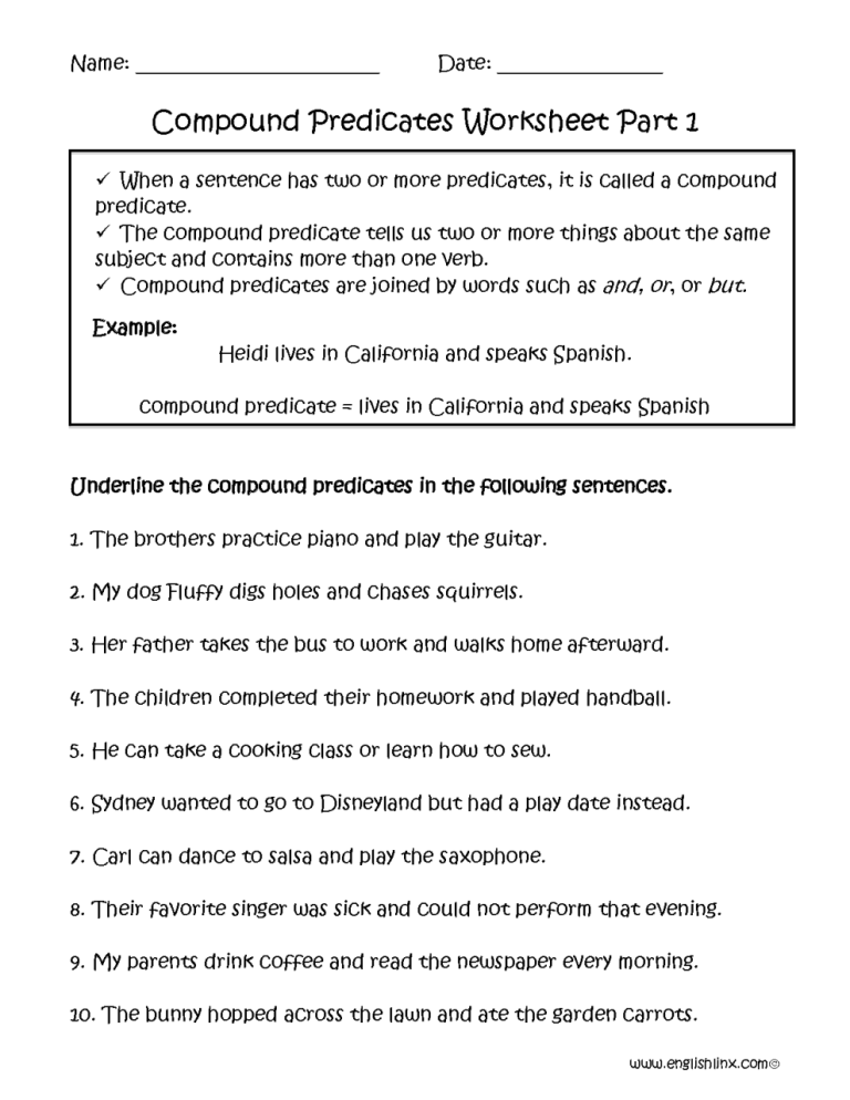 Compound Subject And Predicate Worksheet Pdf