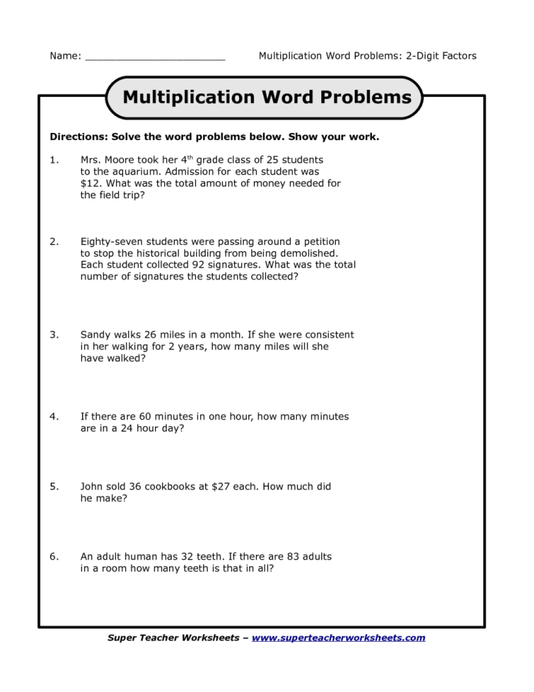 Multiplication Word Problems 5th Grade Worksheets