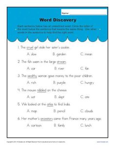 4th Grade Context Clues Synonyms Worksheets