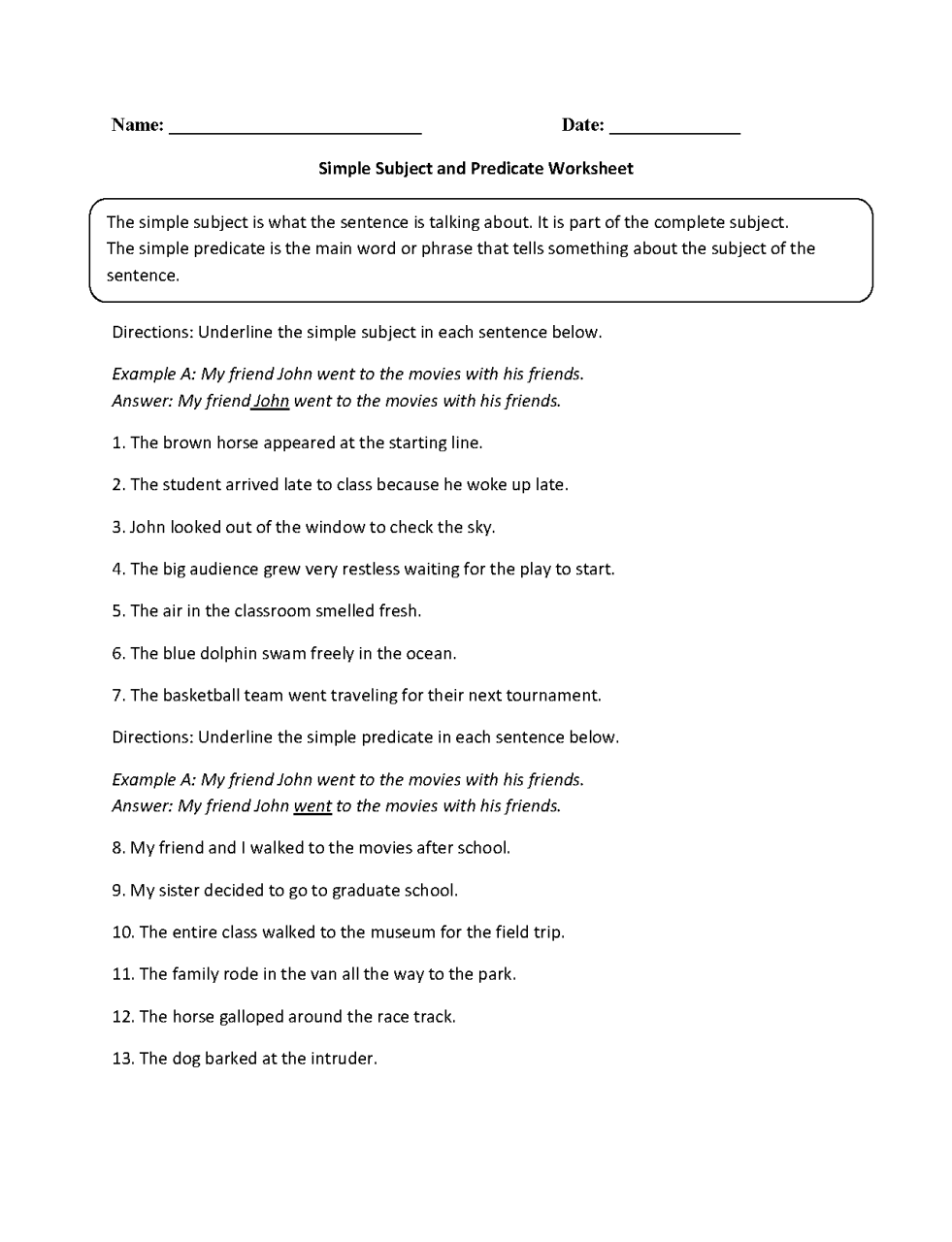 4th Grade 5th Grade Subject And Predicate Worksheet