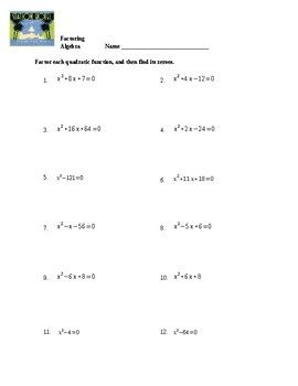 Algebra Factoring Quadratic Equations Worksheet