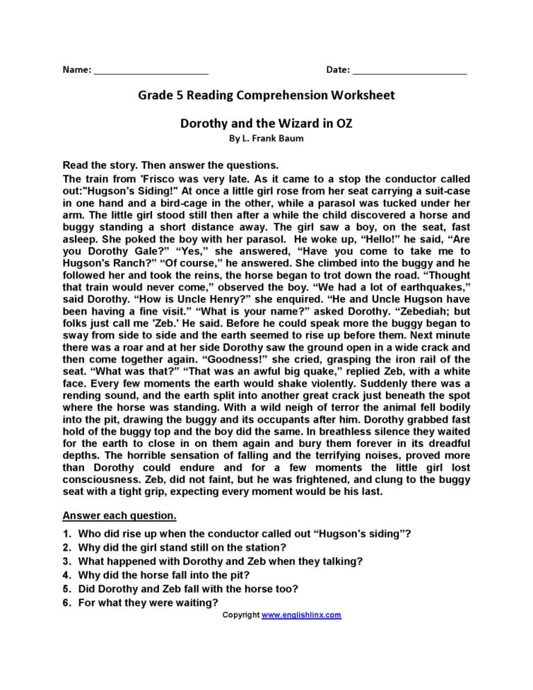 6th Grade 5th Grade Reading Comprehension Worksheets