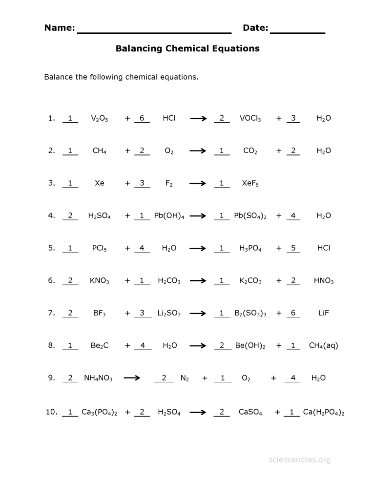 Chemistry Balancing Equations Worksheet With Answers