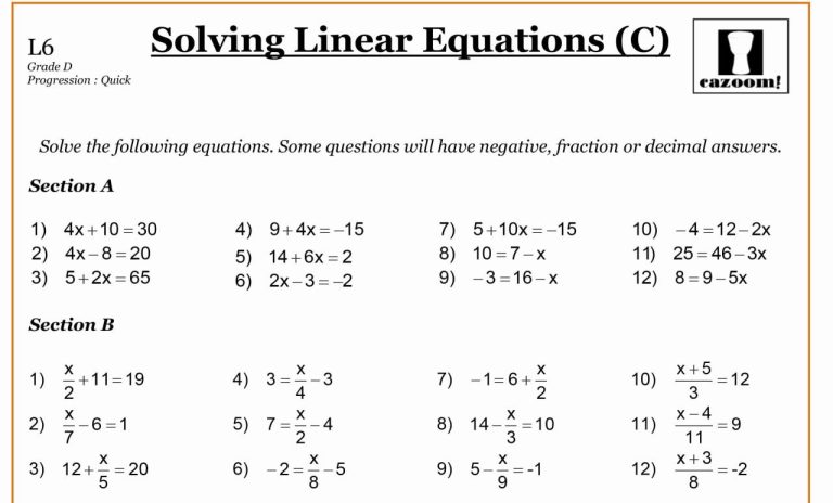 10th Grade Algebra Linear Equations Worksheet