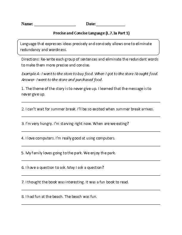 7th Grade English Worksheets Year 7