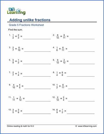 Adding Dissimilar Fractions Worksheets Grade 6