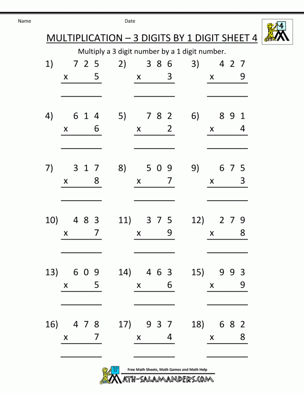 Multiplication 4th Grade Math Worksheets Free